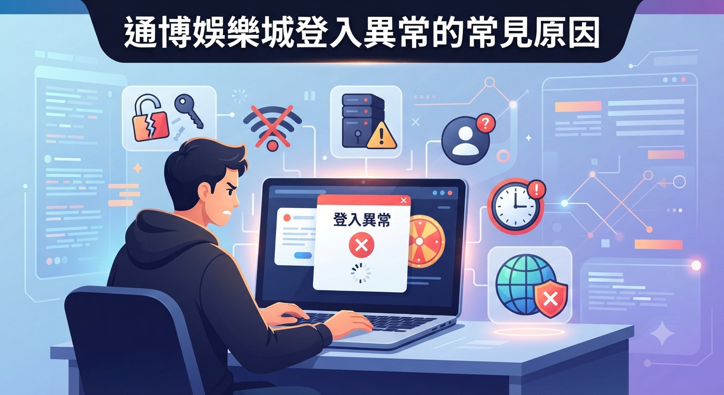 這是一張關於通博娛樂城登入異常常見原因的插圖，畫面中顯示使用者面對電腦出現登入錯誤提示。 上方醒目處標示著「通博娛樂城登入異常的常見原因」標題，並搭配各種網路與系統問題的圖示。