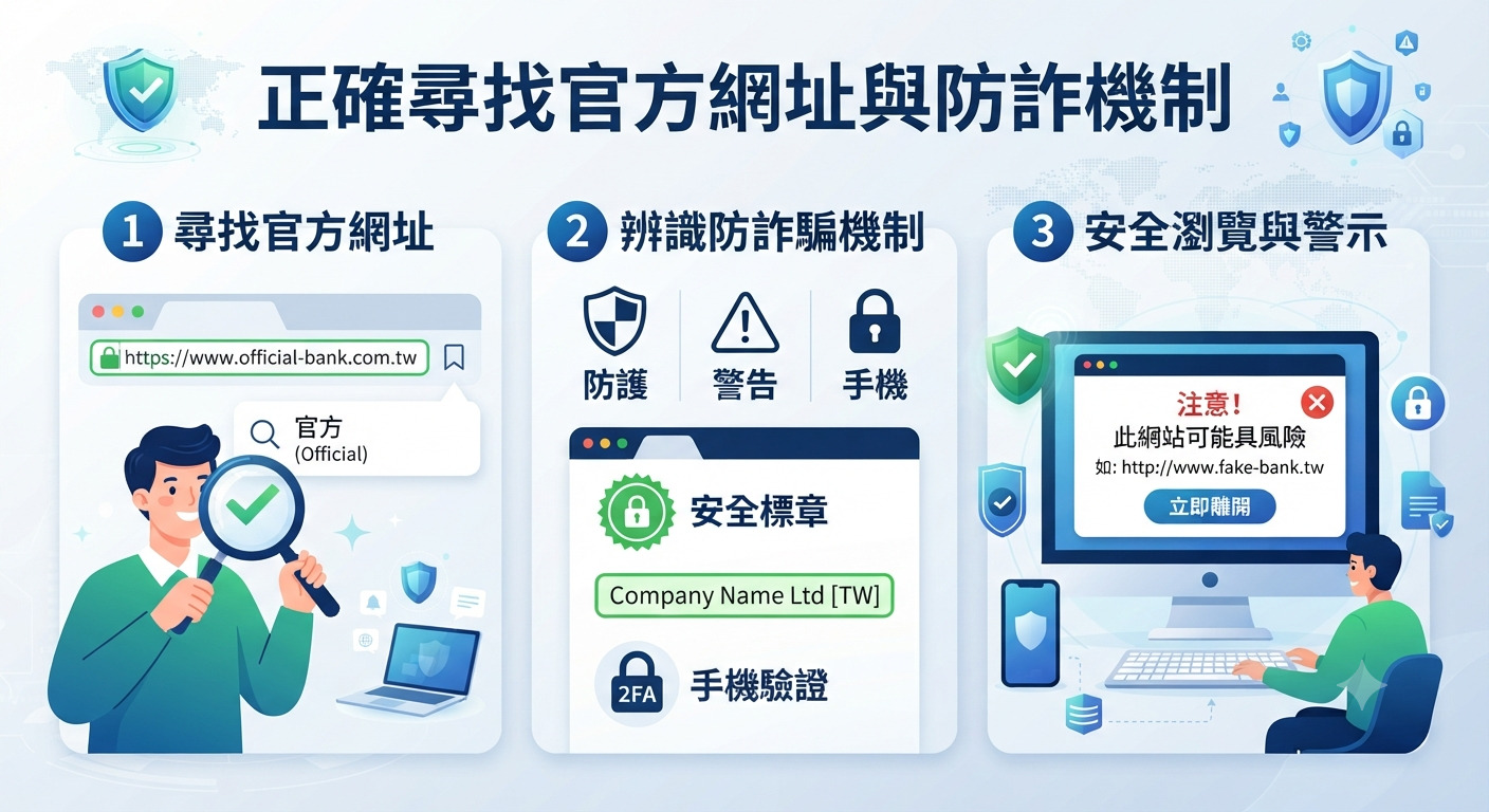 圖片主標題為「正確尋找官方網址與防詐機制」，並透過三個區塊圖解如何辨識官方網頁、防詐防護措施及安全瀏覽警示。 整體插圖採用數位資安與防詐騙為主題，搭配藍色調的科技視覺風格，強調網路安全與正確搜尋官方資訊的重要性。